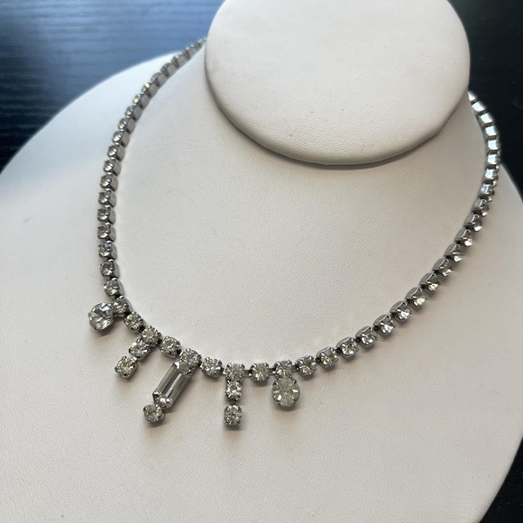 Jewelry - Vintage Clear Rhinestone Baguette Prong Set Choker Collar Necklace 15" 1950's